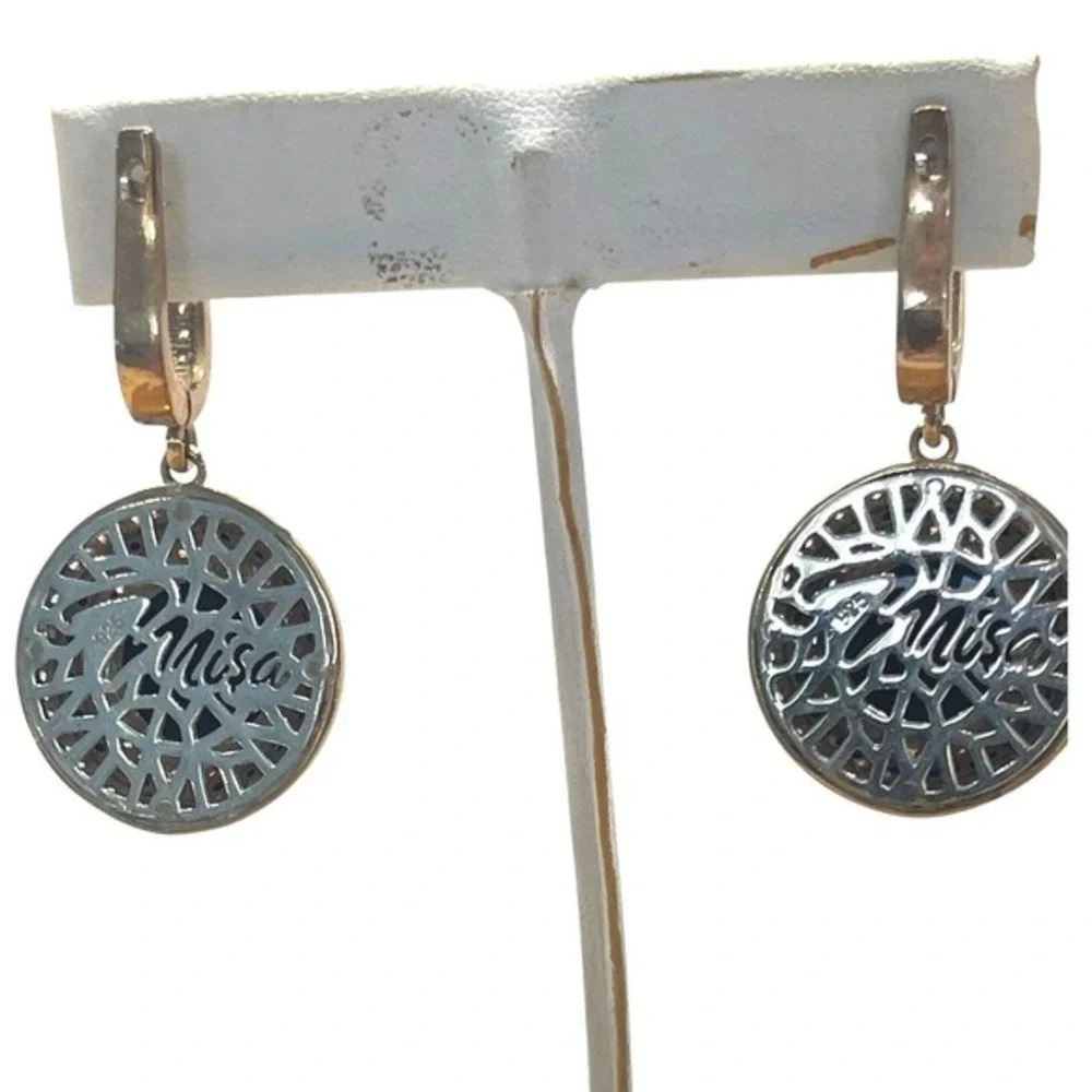 MISA 925‎ Vermeil Black Onyx & CZ Halo Drop Earrings, Pavé Huggie, Signed - Picture 2 of 6